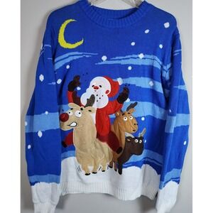 Joyin‎ Ugly Christmas Sweater Santa Riding Reindeer Blue XL